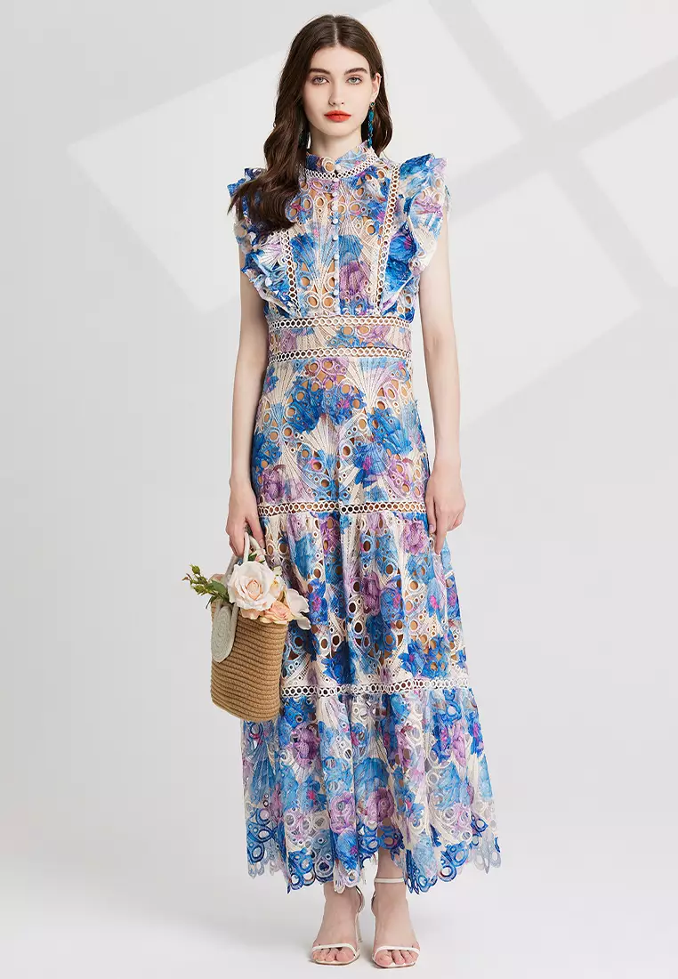 Colorful printed embroidered stand-up collar waist dress CA25070927BL