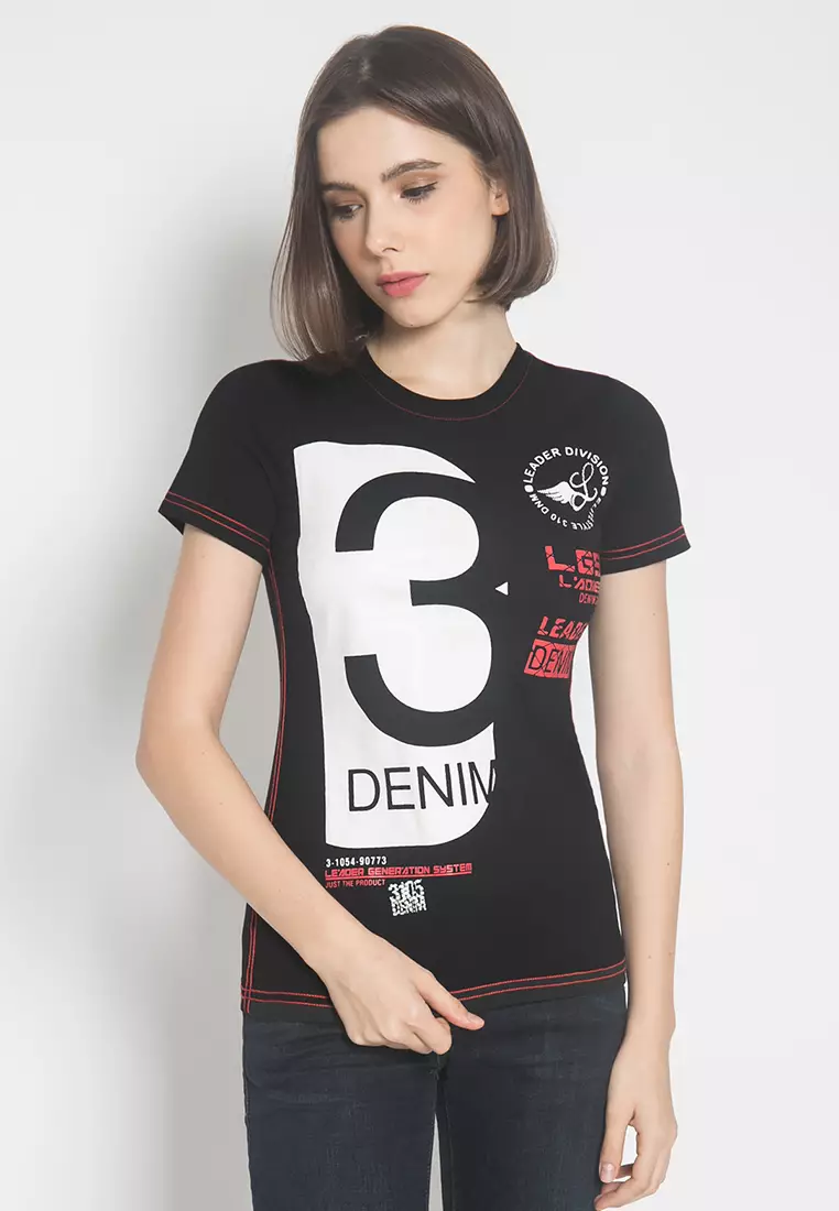 LGS Kaos Casual Wanita Lengan Pendek Hitam Sablon LTS.555.T892M.018.C