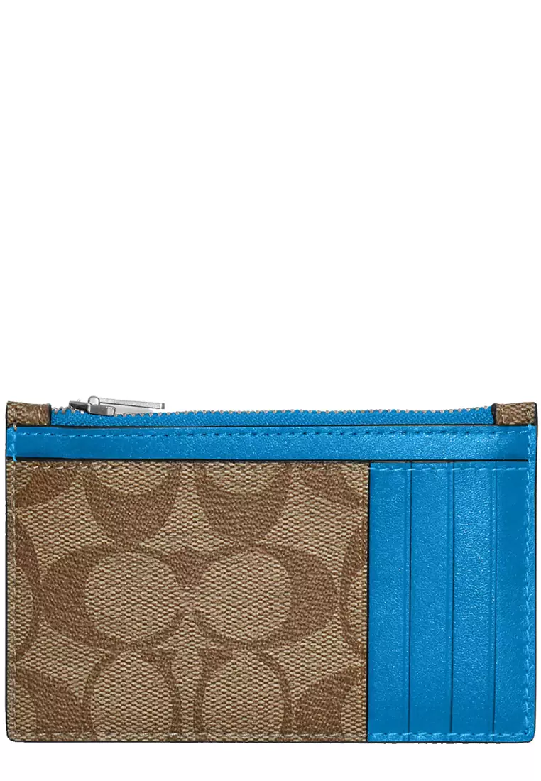 Coach Coach Zip Card Case in Signature Canvas in Khaki/Racer Blue C4281