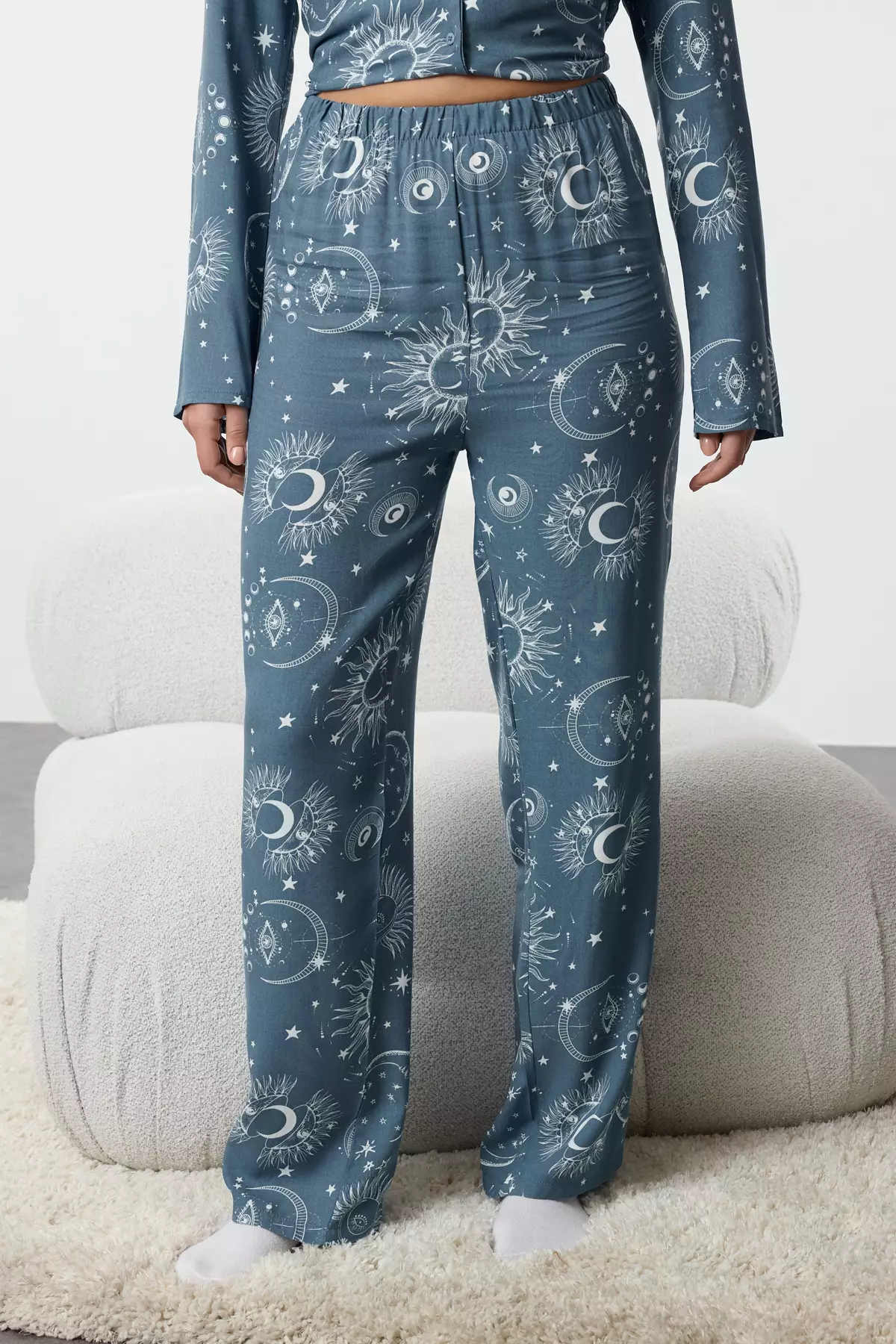 Women's Couple Blue Galaxy Patterned Viscose Woven Pajama Set