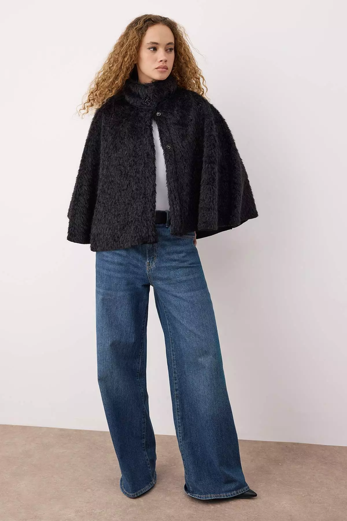 Black Regular Fit Fur Poncho Coat