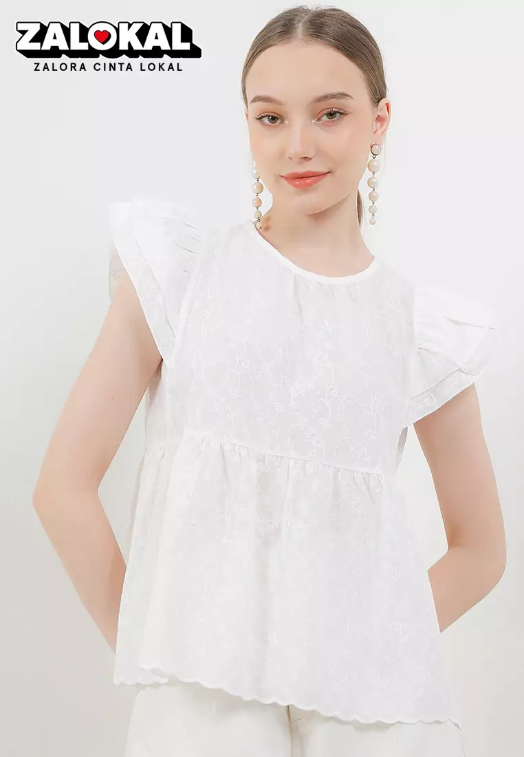 Jual Chic Simple Ruffle Sleeve Embroidered Cotton Blouse Original 2024