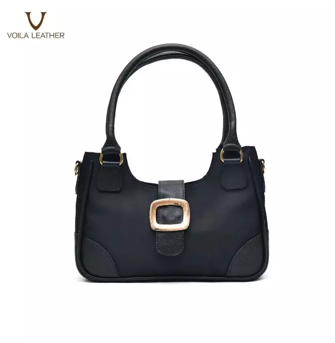 Medium Tote & Sling Nylon Kombinasi Kulit Asli Voila Fara Black