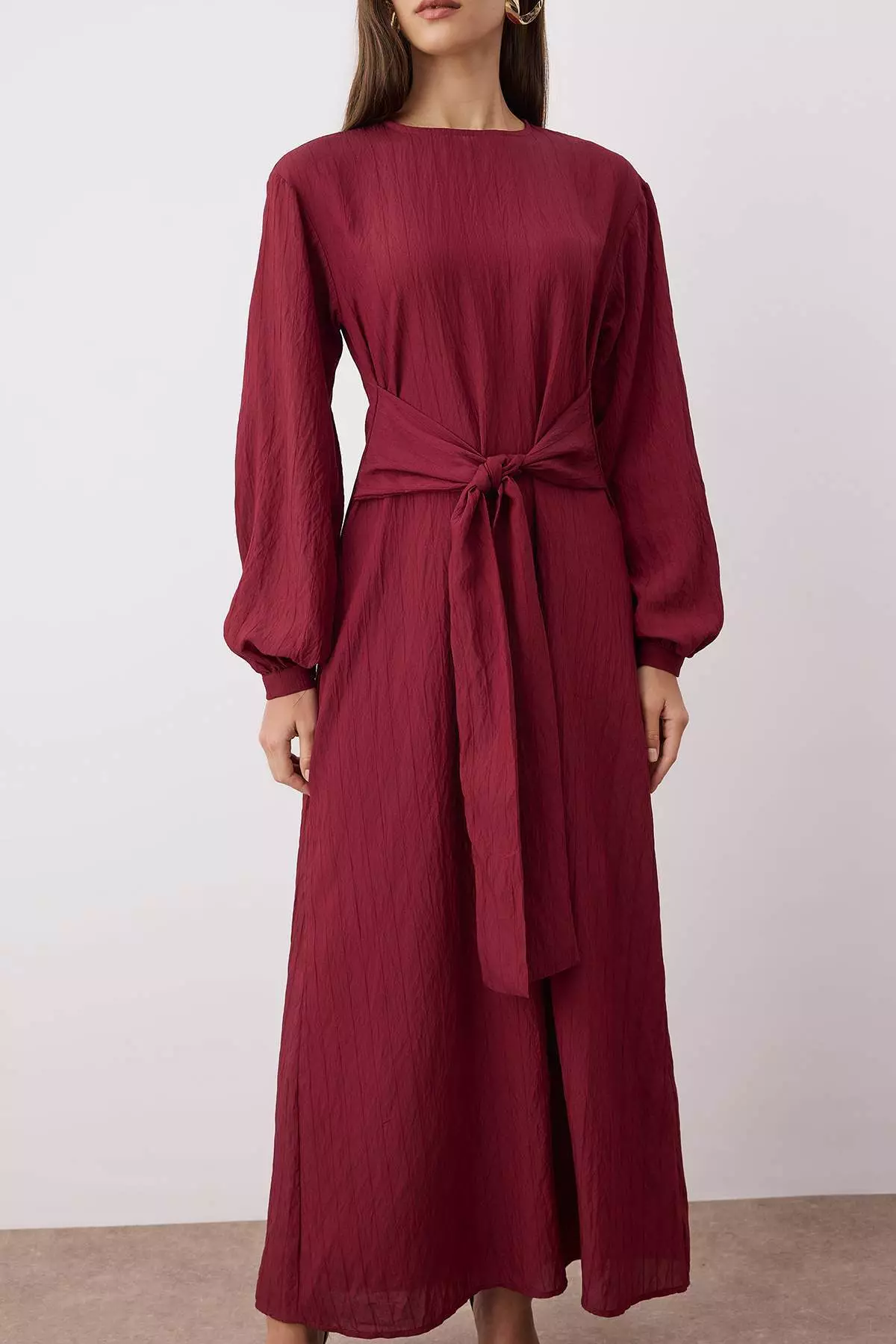 Burgundy Tie-Front Unlined Woven Dress