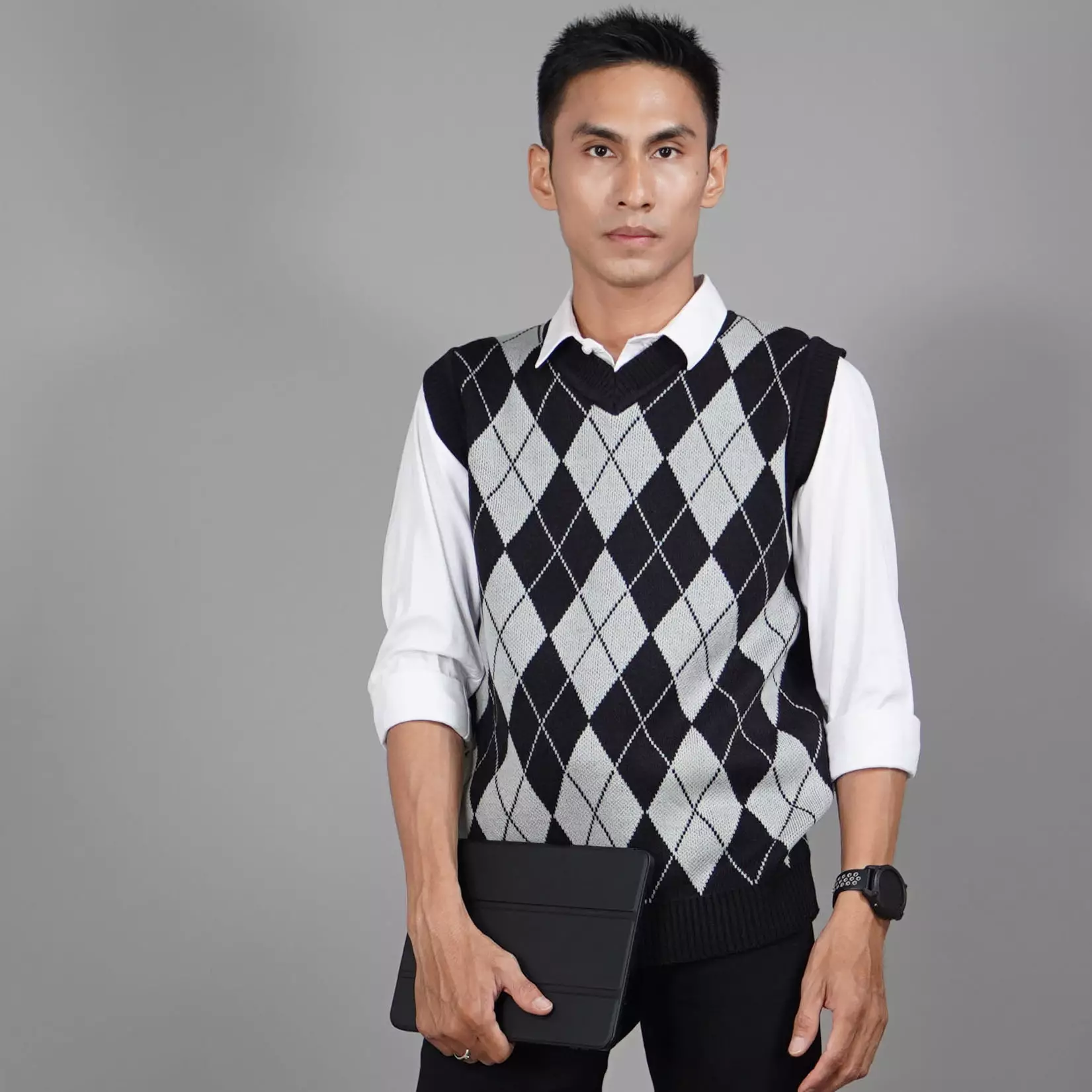  VEST MOTIF KOTAK Knit Vest Korean Style Knit Outerwear Pria - HITAM