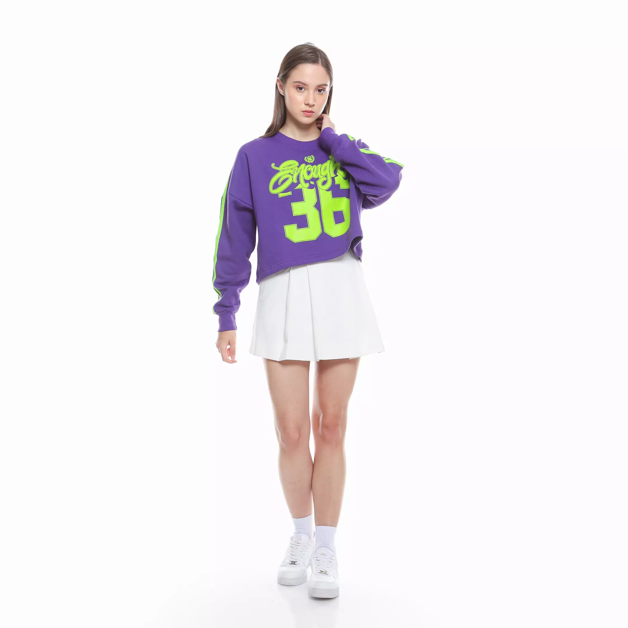 Enough For Today - Sweater Crewneck Crop Oversize Wanita Jersey Nomer Variasi Garis Tangan Purple 36  Ungu