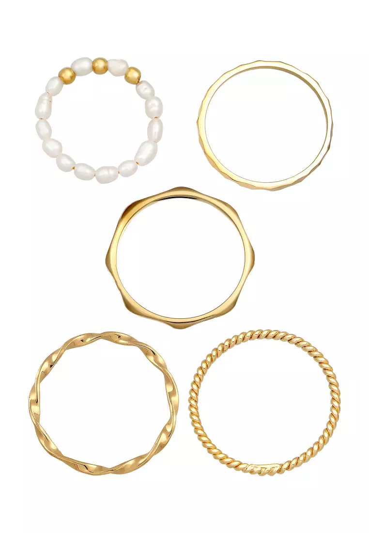 Cincin Perhiasan Perak 925 Wanita Basic Set 5 dengan Mutiara Gold Plated
