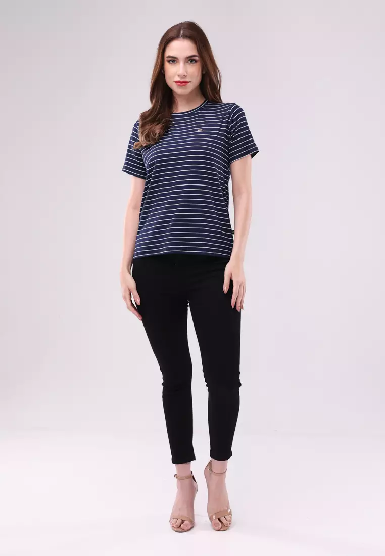Special Rib Stripes Knits Short Sleeve Blouse