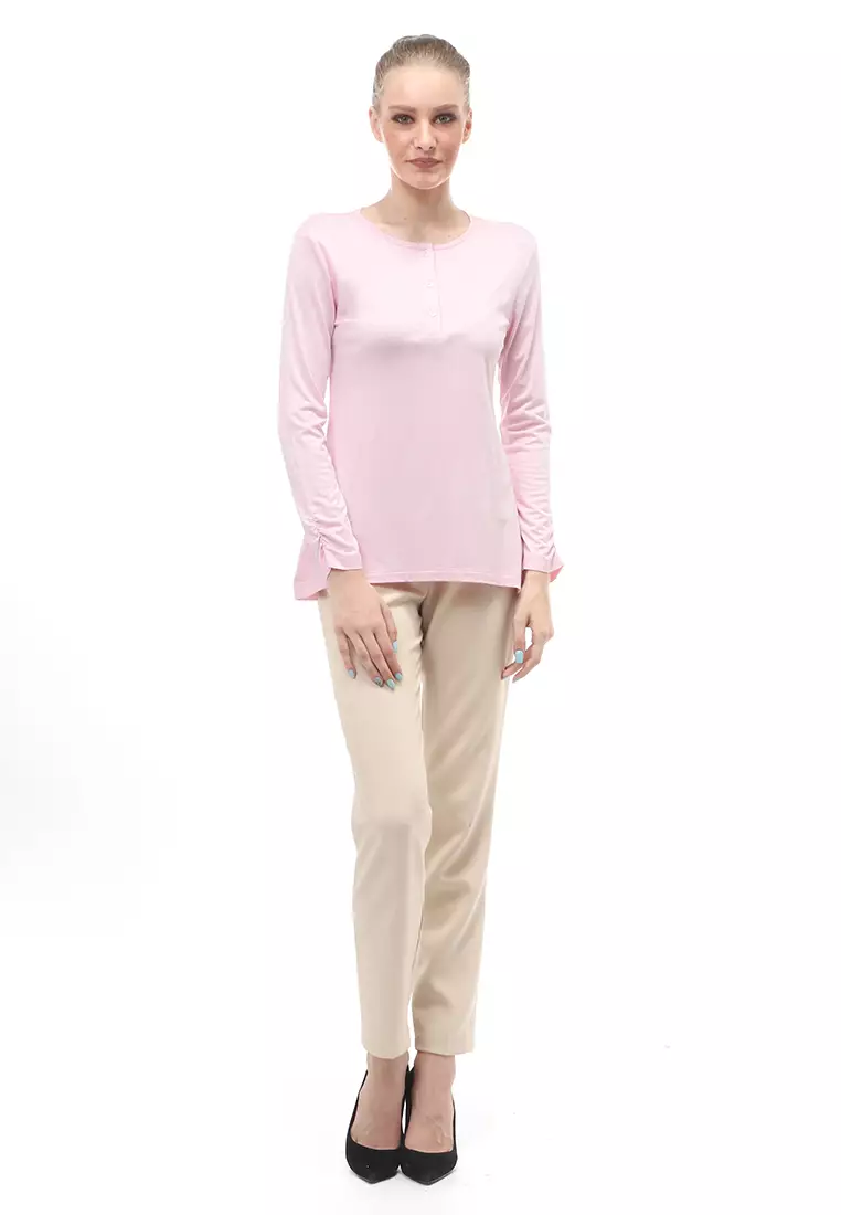 Kaos Wanita Lengan Serut Motif Solid Design Simple Relaxed Fit - Soft Pink