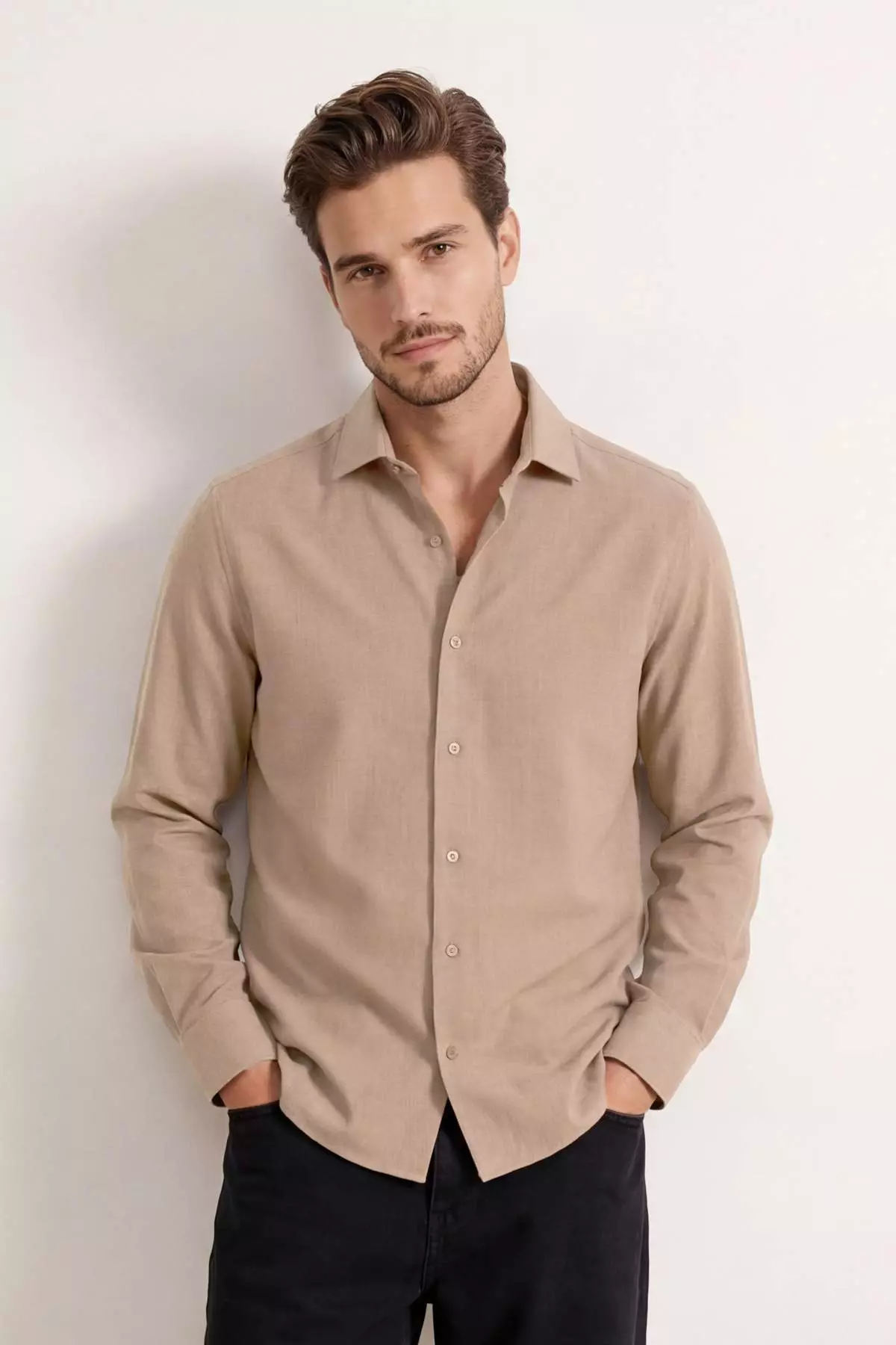 Beige Regular Fit Linen-Look Long Sleeve Men'S Woven Shirt Tmnss26Go00009