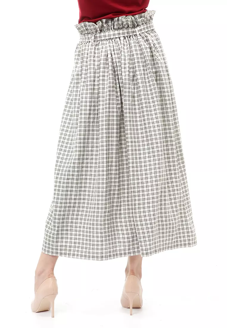Amel Long Skirt Bawahan Wanita Motif Kotak-Kotak Regular Fit - White