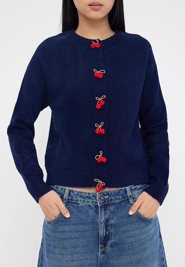 Crew Neck Cherry Accessory Detailed Knitwear Cardigan