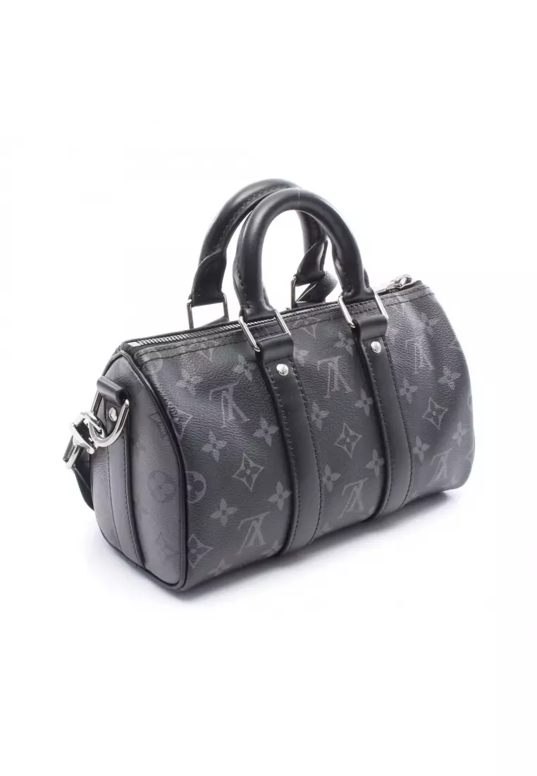 Pre-Loved Louis Vuitton Keepall Bandouliere 25 Monogram Eclipse Handbag PVC leather black gray 2WAY