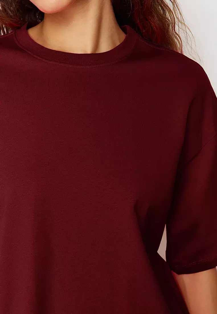Claret Red 100% Cotton Premium Oversize/Wide Pattern Crew Neck Knitted T-Shirt TWOSS23TS00040