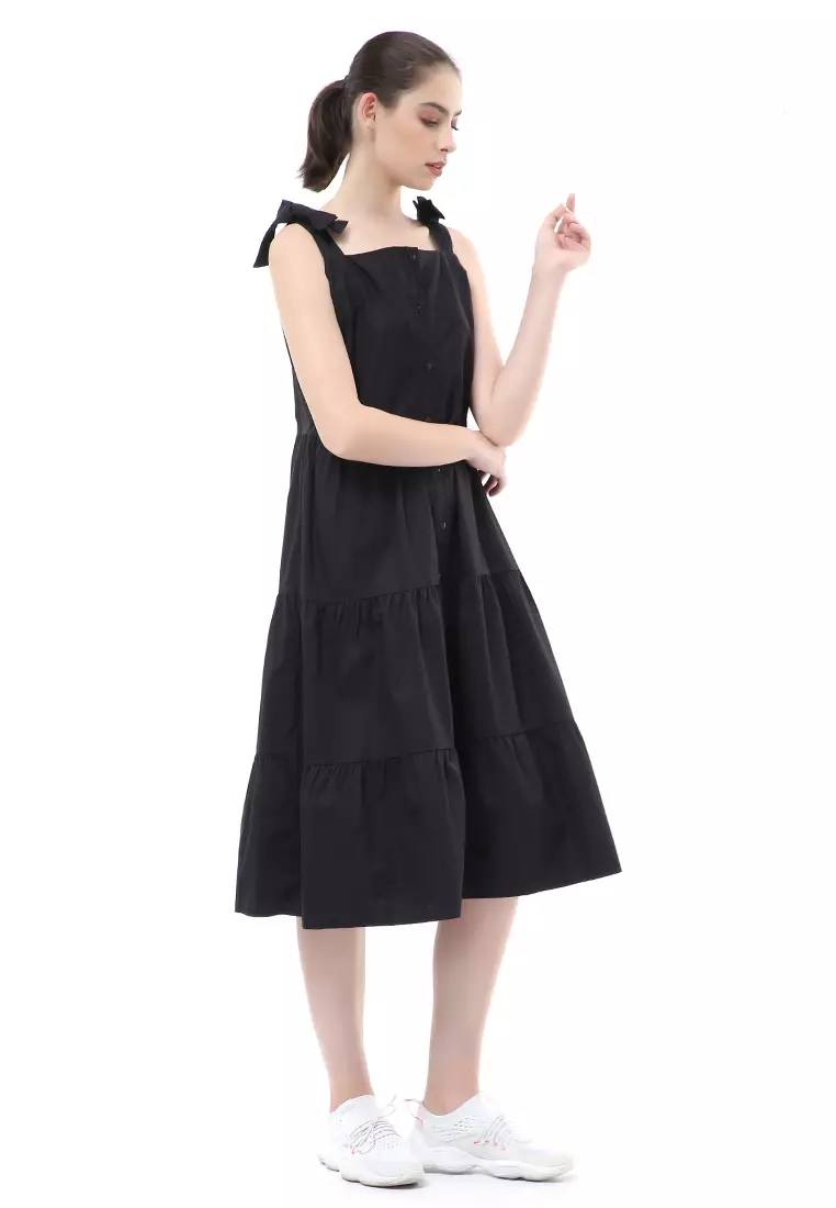 Rachel Dress Ruffle Wanita Tanpa Lengan Full Kancing Stylish Material Cotton ORIGINAL - Black