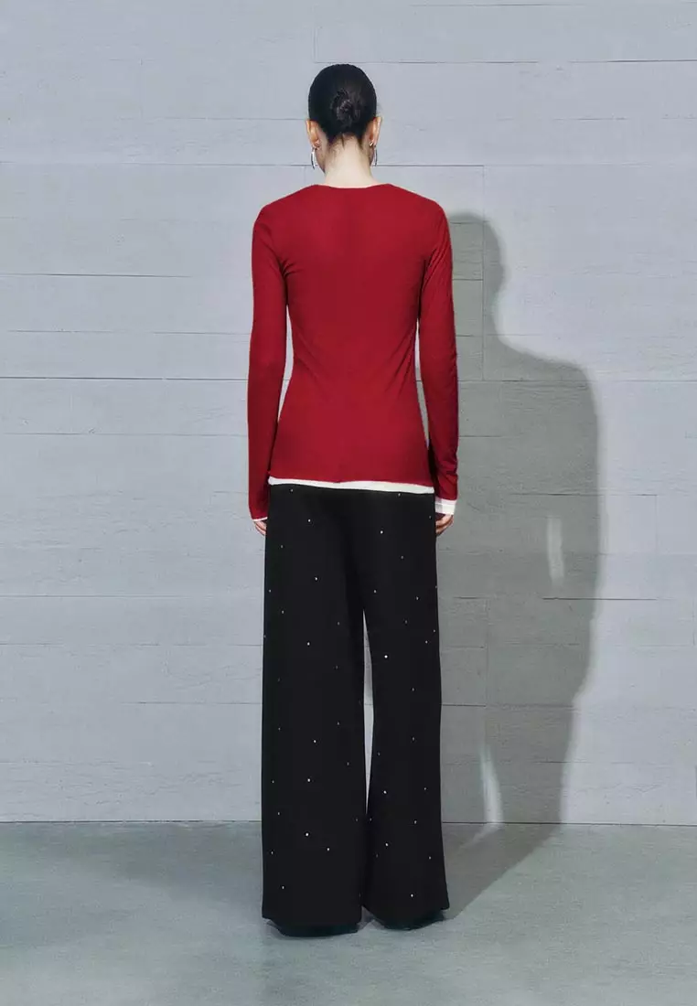 UR春季新款女装休闲简约红色圆领修身长袖T恤UWJ450010