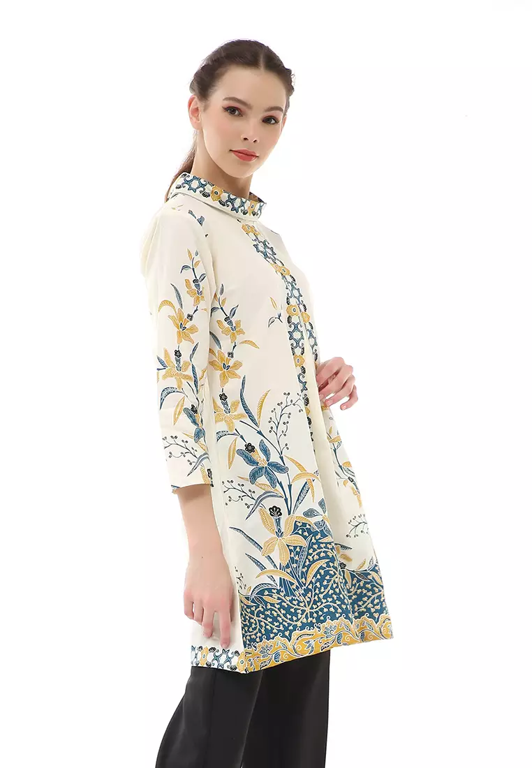Olaf Atasan Batik Wanita Tunik Traditional Motive Elegant Design Material Cotton ORIGINAL - White Blue Green
