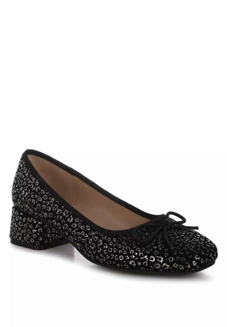 Leopard Print Block Heel Ballerinas in Black