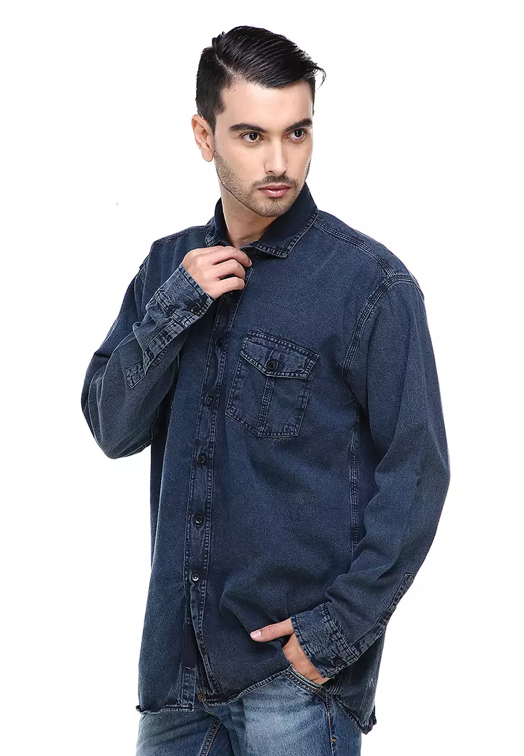 Dwan Casual Shirt Baju Kemeja Over Size Pria Lengan Panjang Two Pockets Material Jeans ORIGINAL - Blue