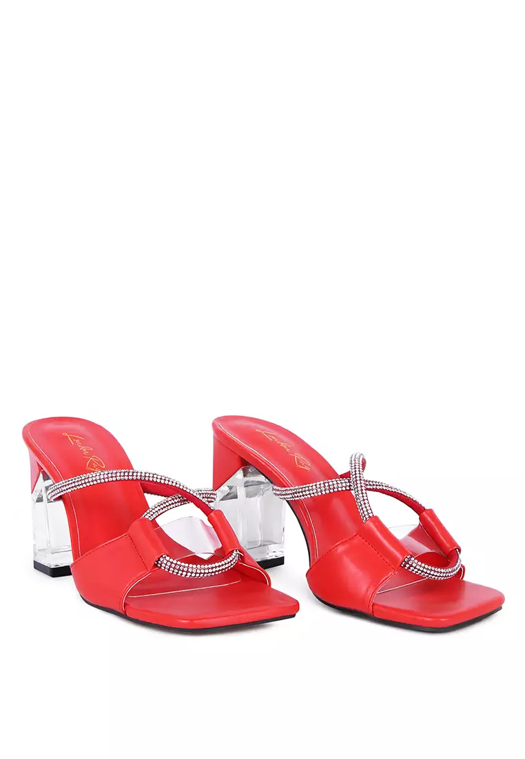 London Rag Red Crystal Loop Strap Mid Heel Sandals 2024 Buy