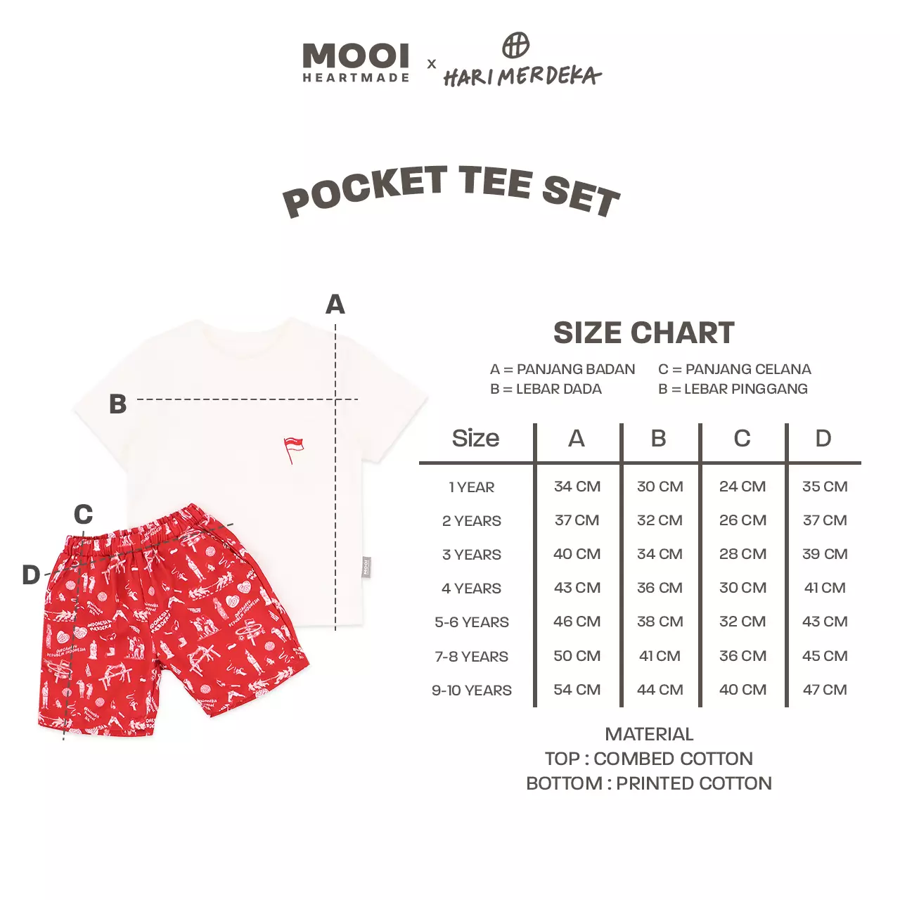 Mooi x Hari Merdeka 17 Agustus Kaos Kemerdekaan Setelan Anak Pocket Tee Set Kemerdekaan - White-Red