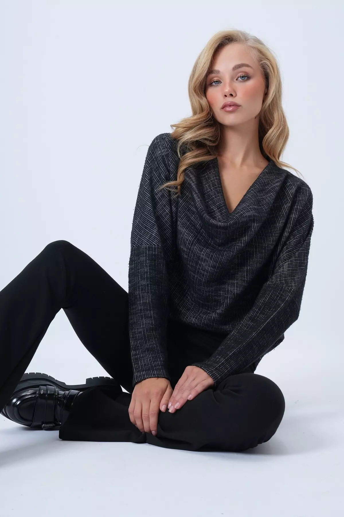 Women's Anthracite Cowl Collar Wide Cut Knitted Blouse Alc-X13126