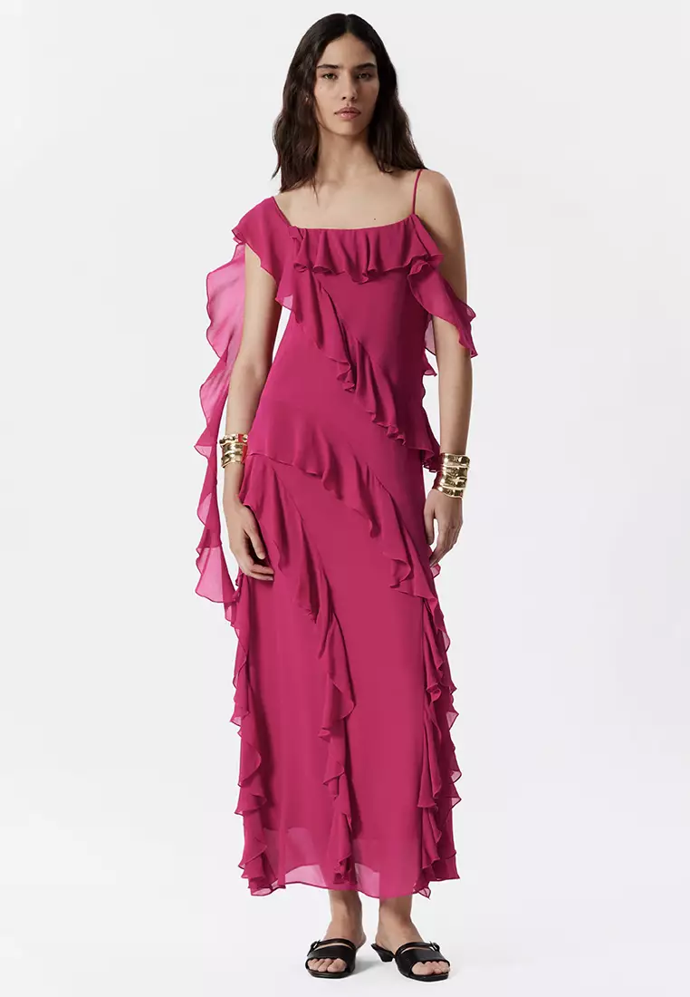 strapless open back dress Pink Dainty Floral Smocked Puff Sleeve Flowy Long Dress – Blue Zone Planet main image 1