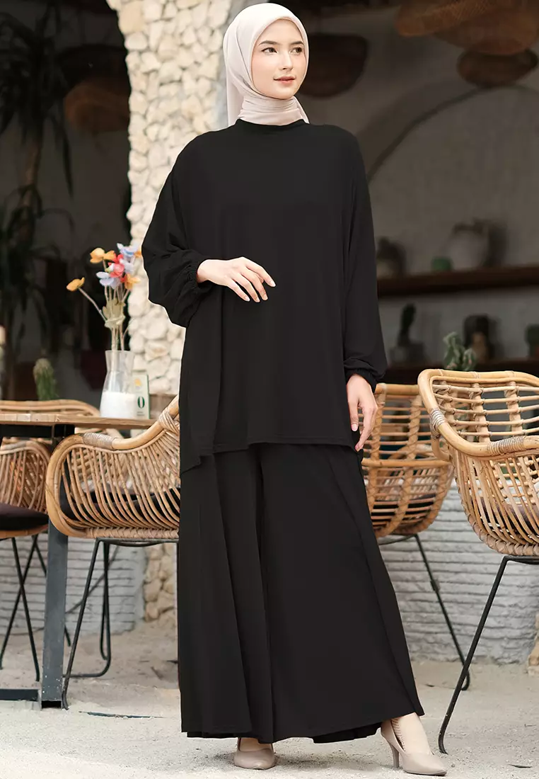 JV Hasanah Oneset Culottes Jersey Baju Kurung Black - Setelan Kulot Jersey Baju Kurung Jumbo