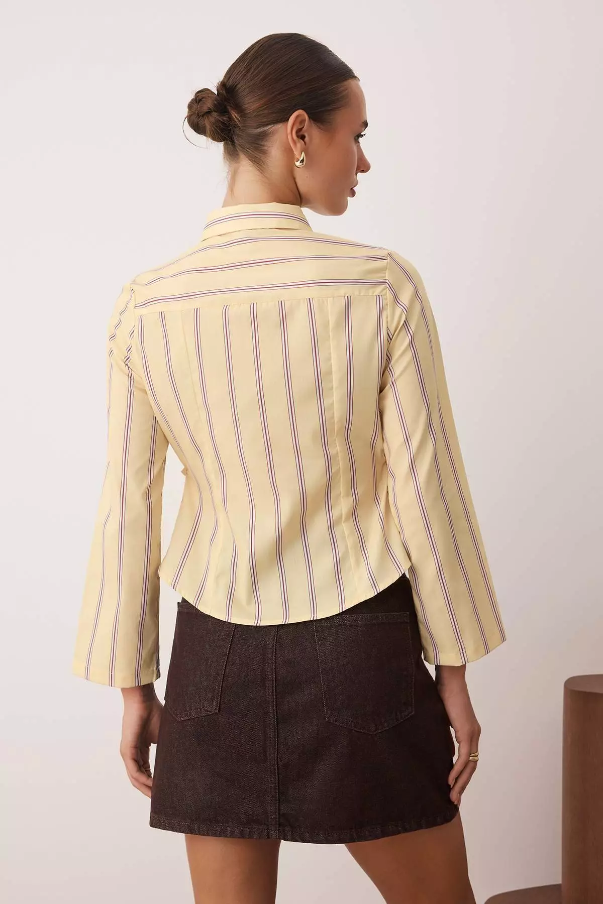 Yellow-Multicolored Waist Gathered Fitted Wide Sleeve Shirt