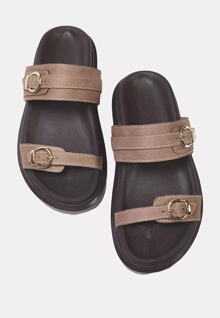 Mink Double Buckle Brown Thick Sole Women's Slippers Takaw25Te00009