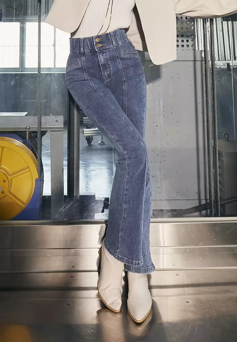 視覺細-5KG．彈力高腰造型口袋喇叭牛仔顯瘦褲《BA7587》