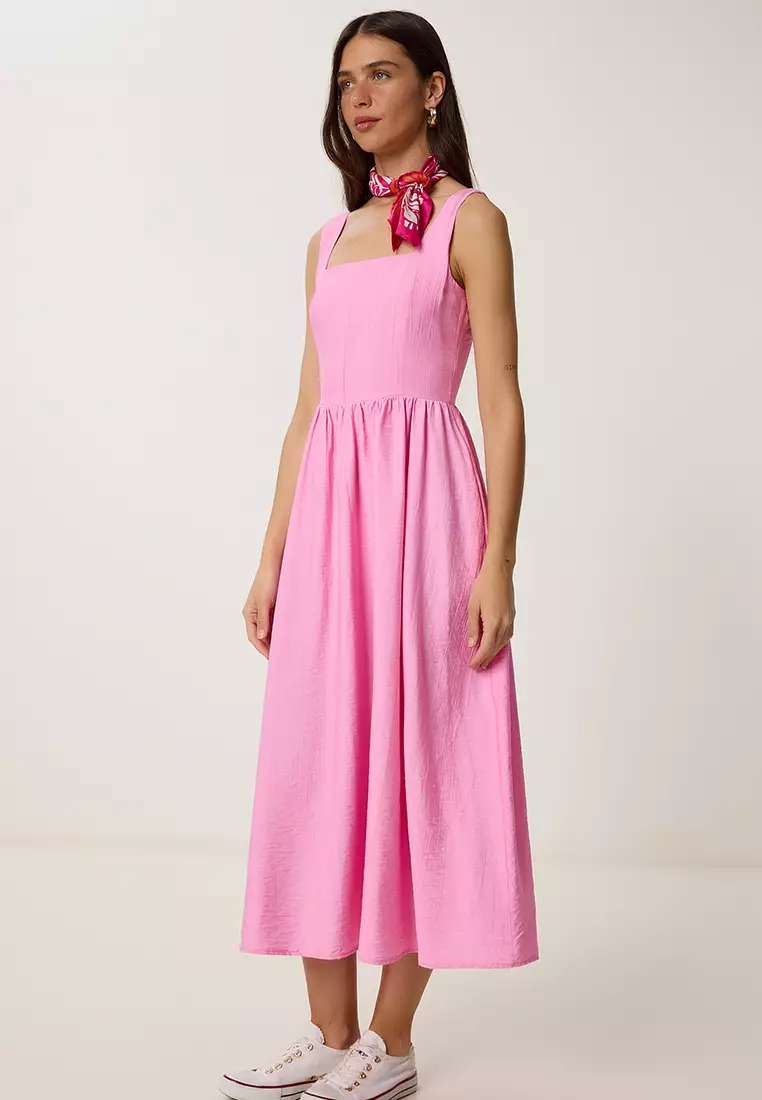 Women's Pink Wrinkle Effect Flared Woven Dress Ub00339