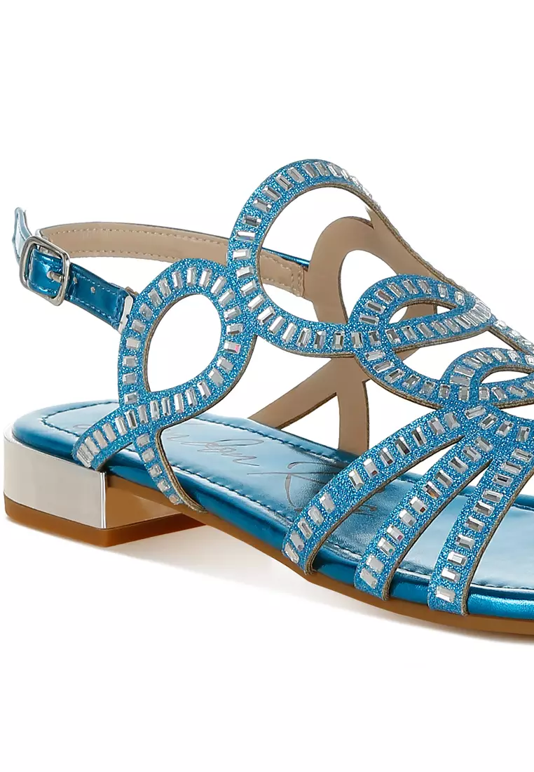 Sandal Datar Berlian Imitasi Detail Potongan Warna Biru Denim