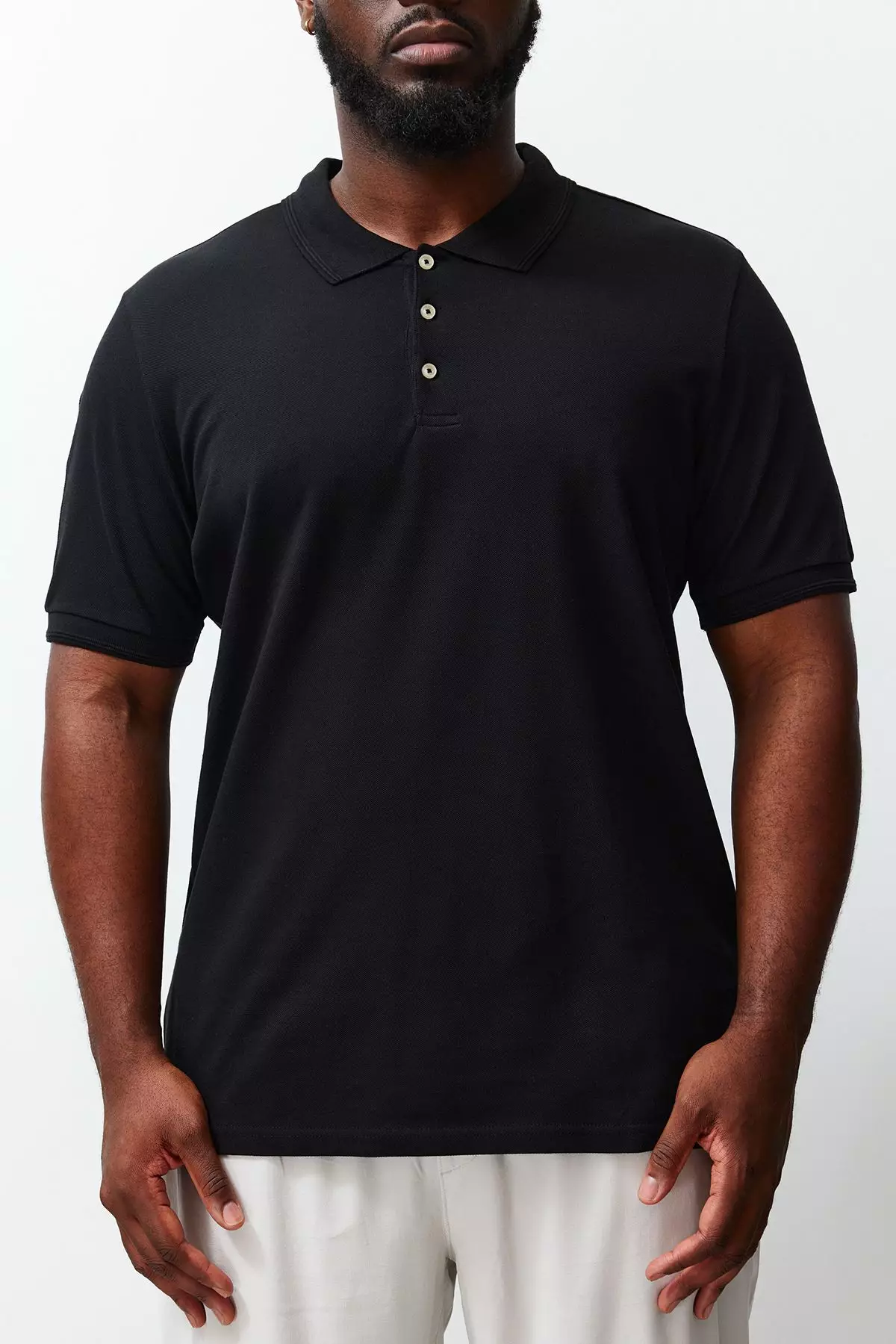 Plus Size Black Regular/Normal Cut Basic 100% Cotton Polo Collar T-shirt TMNSS24BF00000