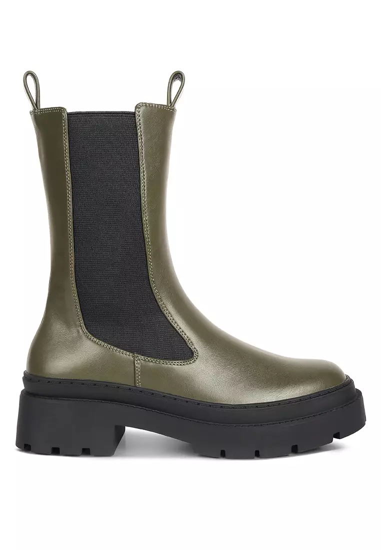 Olive Elasticated Gussets Lug Sole Boots