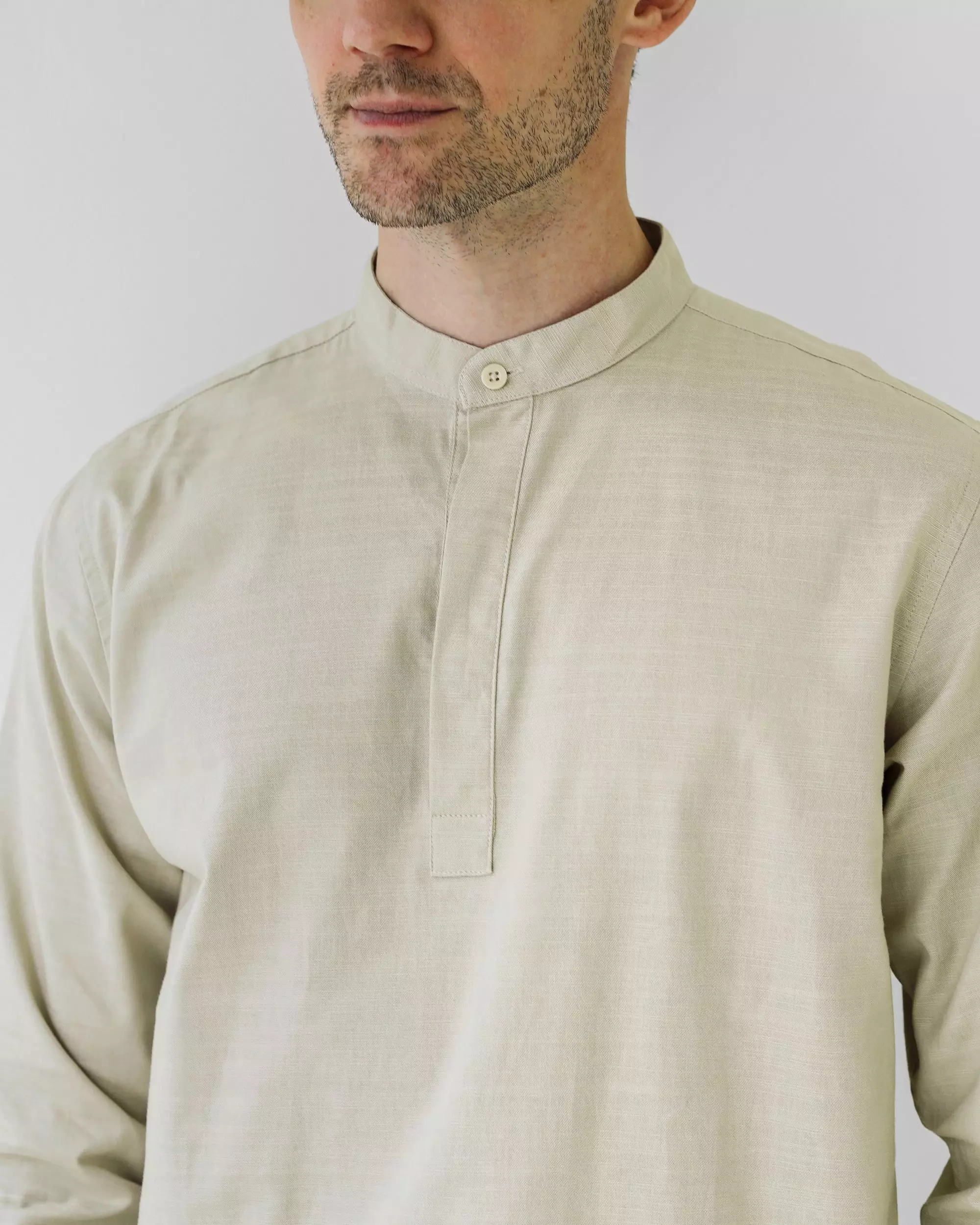 Cotton Well Oman Henley Shirt Cream │Kemeja Koko Basic Lengan Panjang Krem