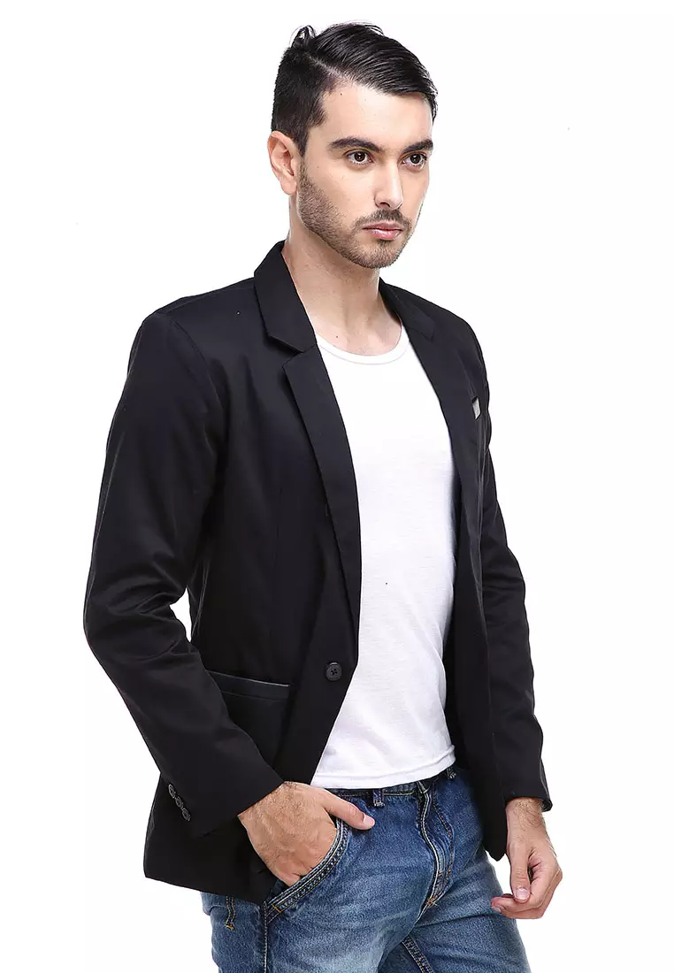 Woreq Jas Blazer Formal Pria Suits Resmi Three Pockets Model Slimfit Material Drill ORIGINAL - Black