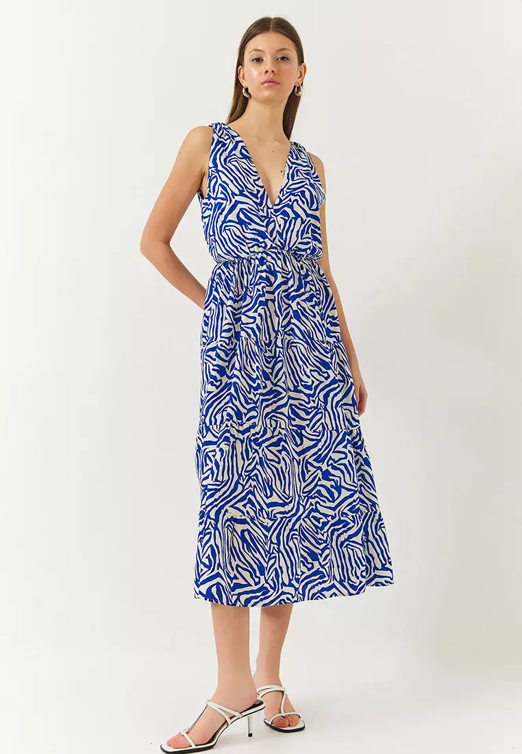 Women's Double Breasted Neckline Elastic Waist Back Rope Tie Print Dress 60261428