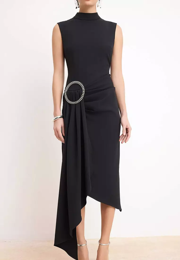 Black Accessory Detailed Woven Midi Dress Tprss26El66
