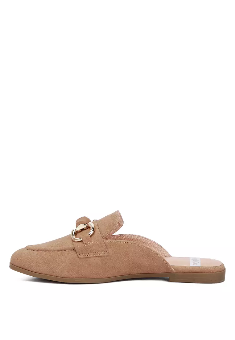 Taupe Horsebit Embellished Slip-On Mules