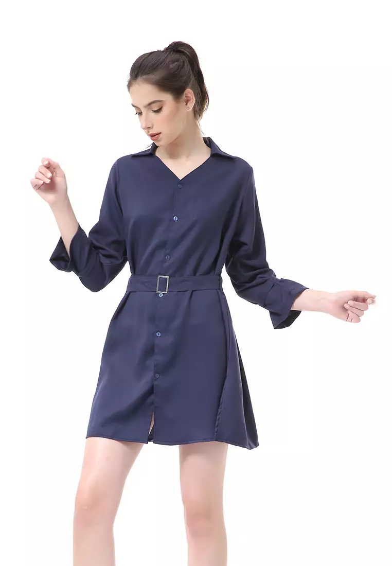 Rachel Dress Wanita Model Kemeja Long Sleeve with Belt Material Mosscrepe ORIGINAL - Navy