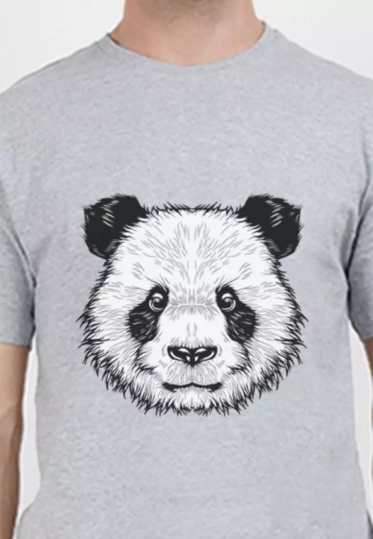 熊猫图案灰色棉质短袖圆领休闲 T 恤