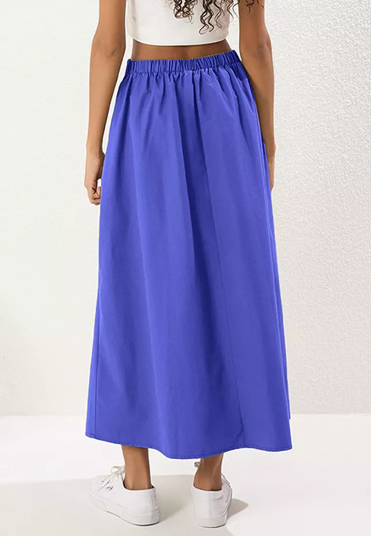 Navy Blue Pleated Detailed Maxi Length Woven Skirt TWOSS25ET00158