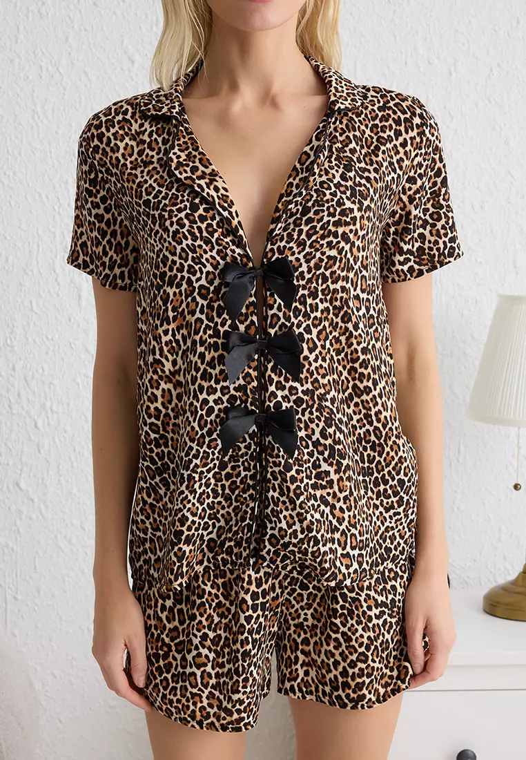 Leopard Ribbon/Bow And Piping Detail Woven Pajama Set With Shorts
