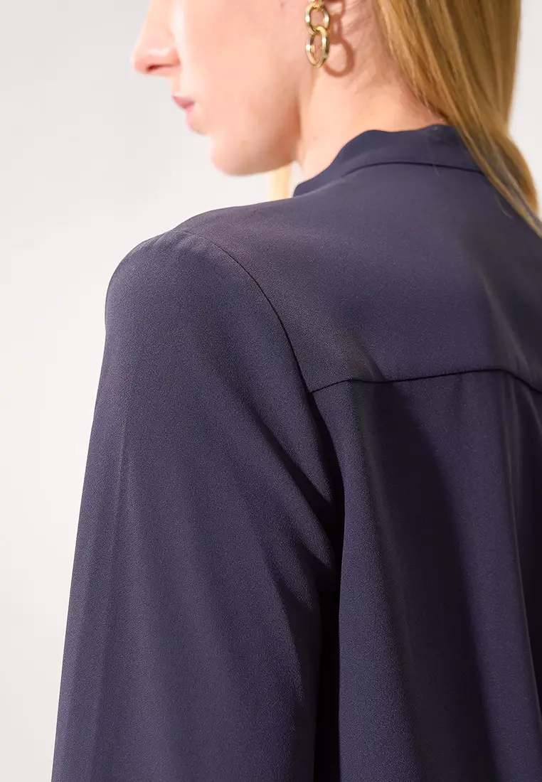 Dark Grey Stand Collar Tie Long Sleeve Top