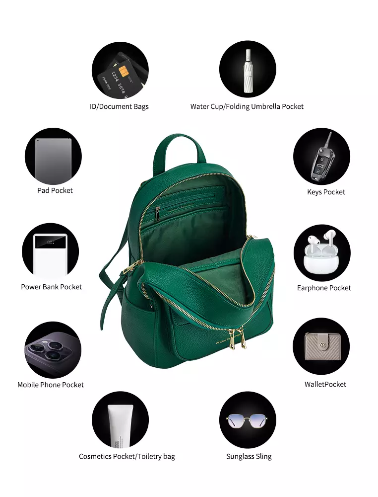 Alexandra 女式皮革双肩背包 多隔层 輕便大容量-綠色