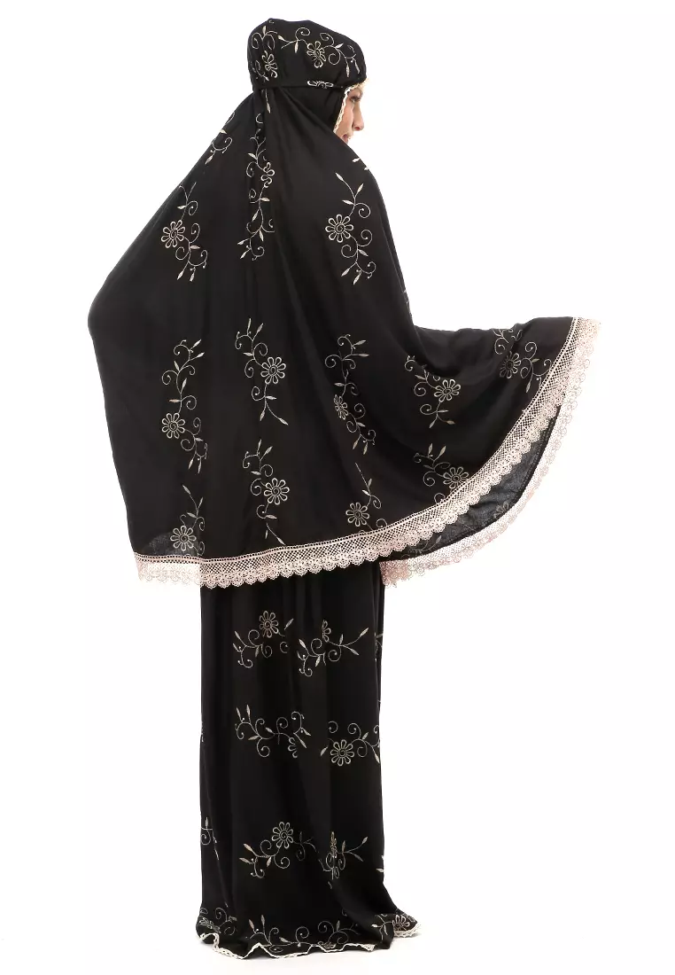 Hanjani Mukena Muslimah Atasan Bawahan Wanita Motif Bunga Relaxed Fit - Black