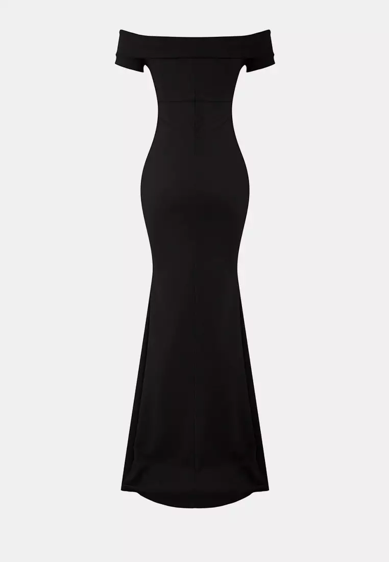 Black Carmen Collar Fish Cut Maxi Stylish Evening Dress