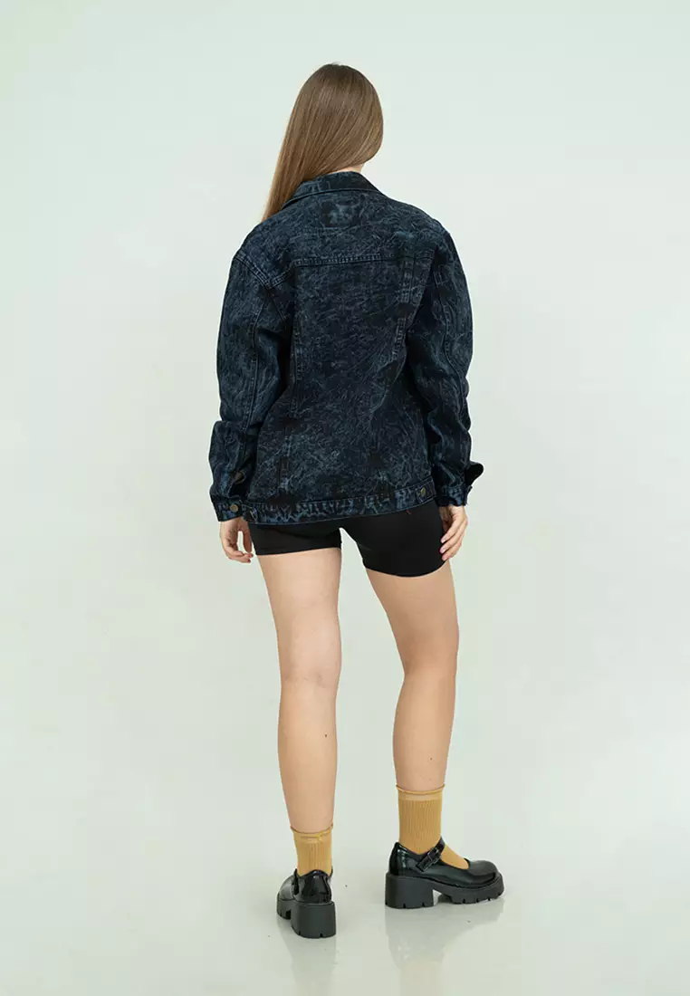 Houseofcuff Jaket Jeans wanita Polos Tebal Denim Biru Dongker Pudar