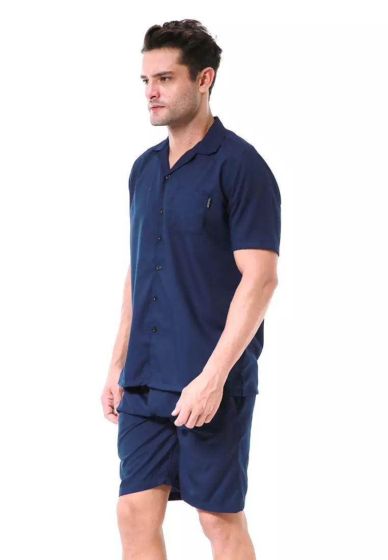 Deon Piyama Pria Plain Motive Kemeja One Set Lengan Pendek Material Cotton ORIGINAL - Navy